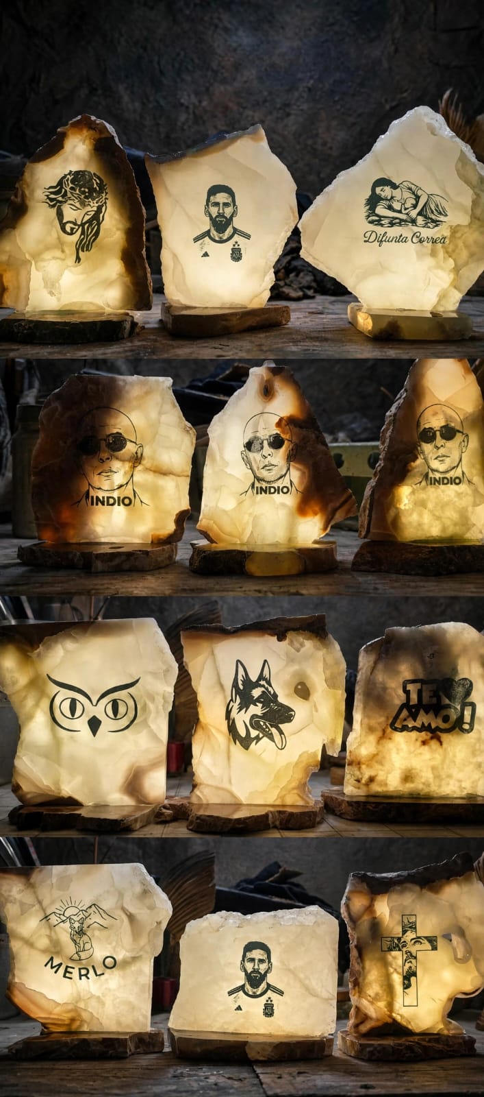Piezas de piedra iluminadas y talladas
